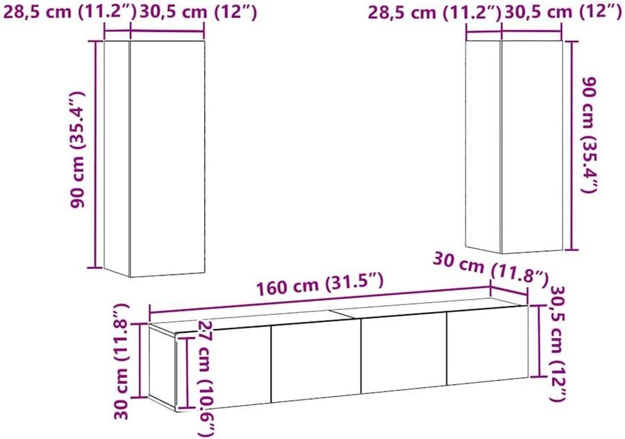 VidaXL 4-delige TV-kast set wandgemonteerd zwart eiken bewerkt hout
