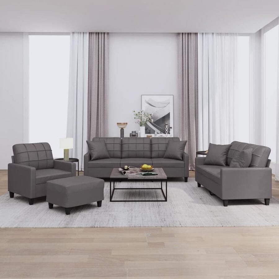 VidaXL 4-delige Loungeset Grijs Kunstleer Inclusief Kussens Loungeset Tuinmeubilair Buitenset Lounge Set Kunstleder Grijze Loungebank Relaxfauteuil