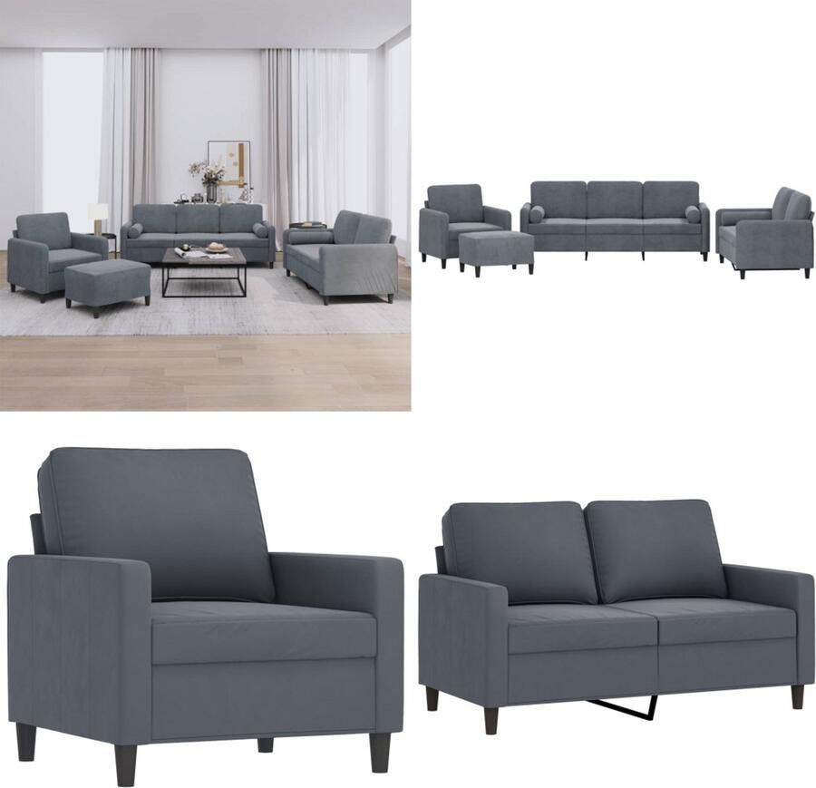 VidaXL 4-delige Loungeset met kussens fluweel donkergrijs Bankstel Bankstellen Fauteuil 2-zitsbank
