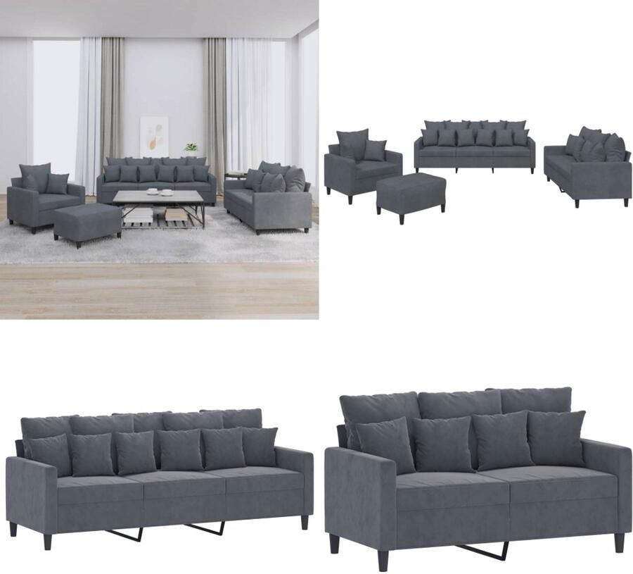 VidaXL 4-delige Loungeset met kussens fluweel donkergrijs Bankstel Bankstellen Fauteuil 2-zitsbank