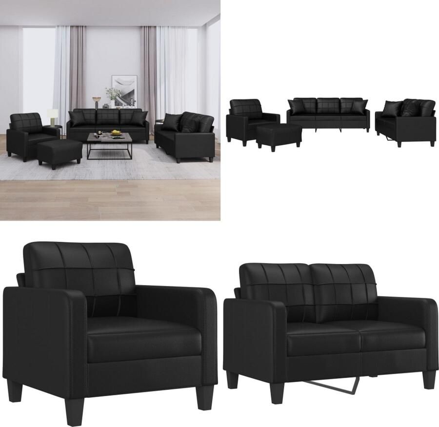 VidaXL 4-delige Loungeset met kussens kunstleer zwart Bankstel Bankstellen Fauteuil 2-zitsbank