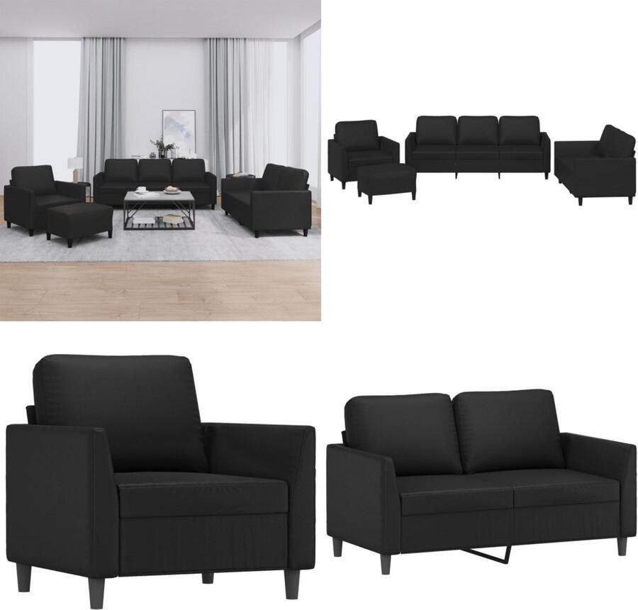 VidaXL 4-delige Loungeset met kussens kunstleer zwart Bankstel Bankstellen Fauteuil 2-zitsbank