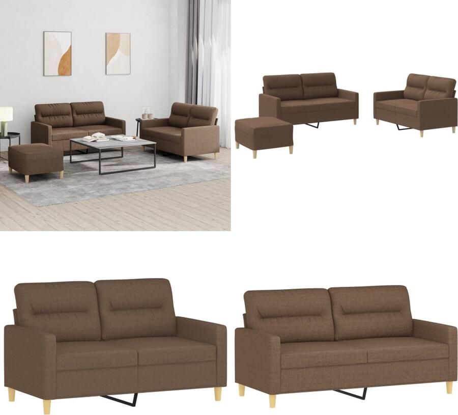 VidaXL 4-delige Loungeset met kussens stof bruin Bankstel Bankstellen Fauteuil 2-zitsbank