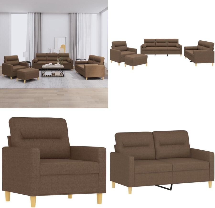 VidaXL 4-delige Loungeset met kussens stof bruin Bankstel Bankstellen Fauteuil 2-zitsbank