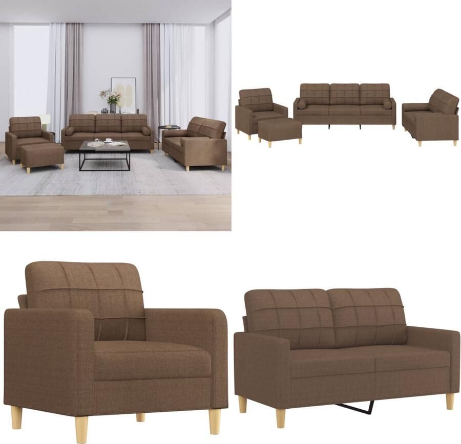 VidaXL 4-delige Loungeset met kussens stof bruin Bankstel Bankstellen Fauteuil 2-zitsbank