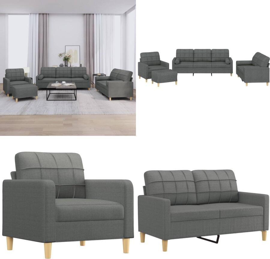 VidaXL 4-delige Loungeset met kussens stof donkergrijs Bankstel Bankstellen Fauteuil 2-zitsbank