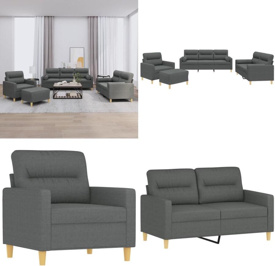 VidaXL 4-delige Loungeset met kussens stof donkergrijs Bankstel Bankstellen Fauteuil 2-zitsbank