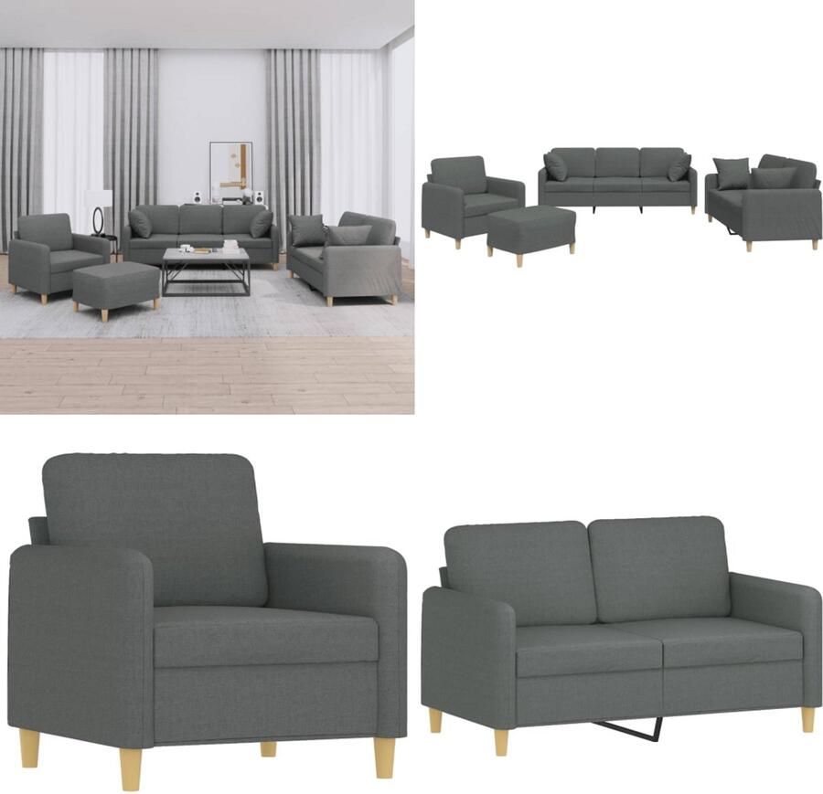 VidaXL 4-delige Loungeset met kussens stof donkergrijs Bankstel Bankstellen Fauteuil 2-zitsbank