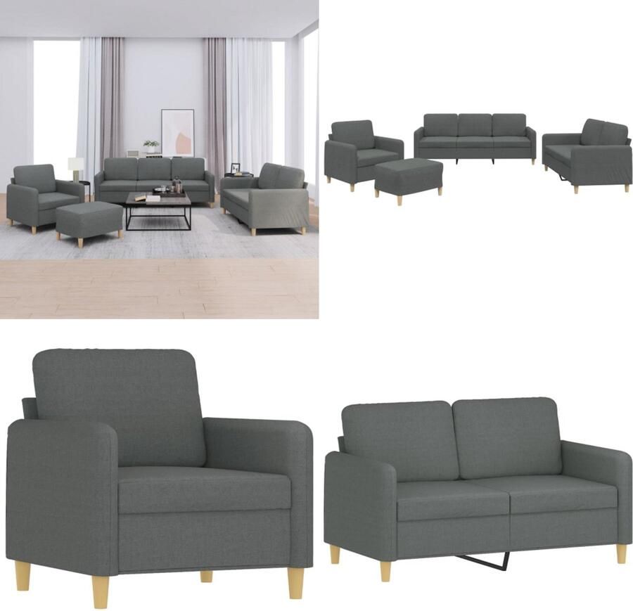 VidaXL 4-delige Loungeset met kussens stof donkergrijs Bankstel Bankstellen Fauteuil 2-zitsbank