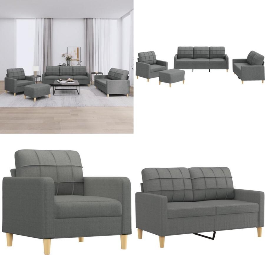 VidaXL 4-delige Loungeset met kussens stof donkergrijs Bankstel Bankstellen Fauteuil 2-zitsbank