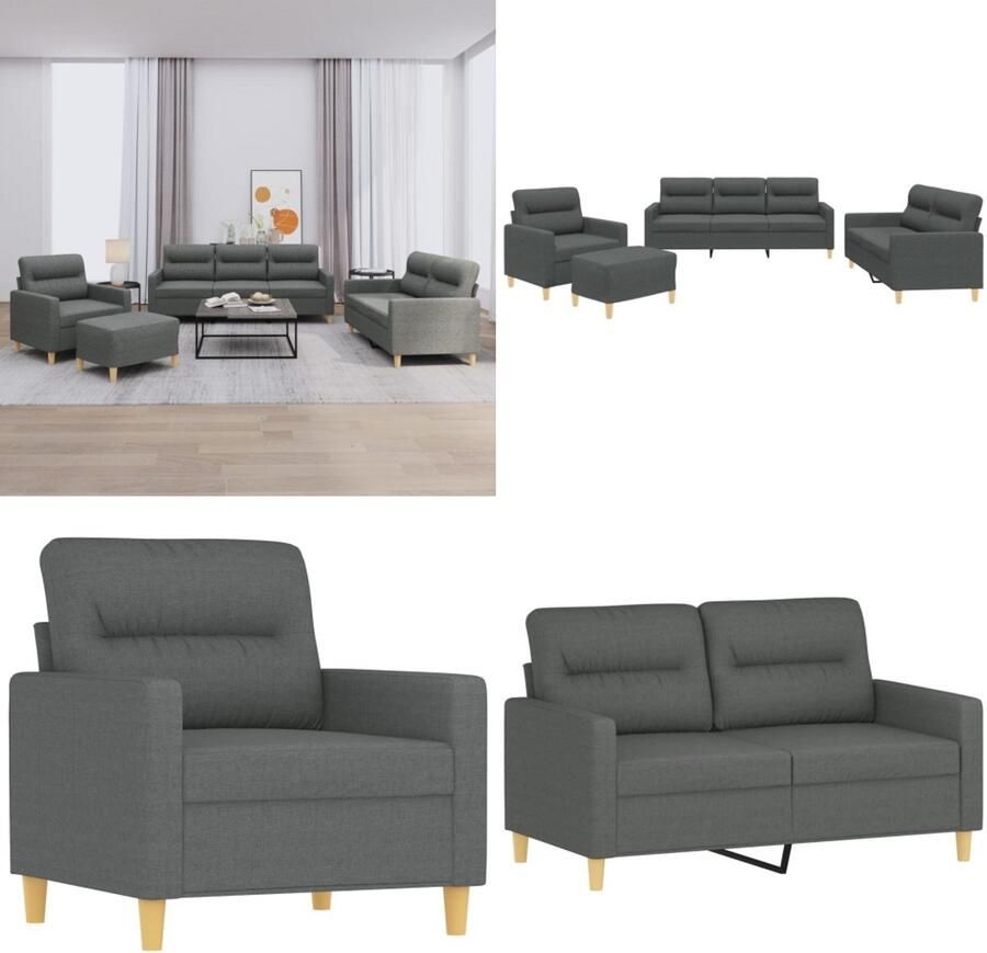 VidaXL 4-delige Loungeset met kussens stof donkergrijs Bankstel Bankstellen Fauteuil 2-zitsbank