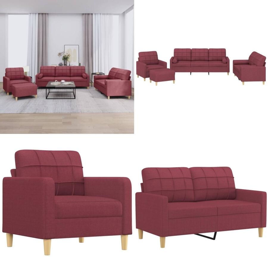 VidaXL 4-delige Loungeset met kussens stof wijnrood Bankstel Bankstellen Fauteuil 2-zitsbank