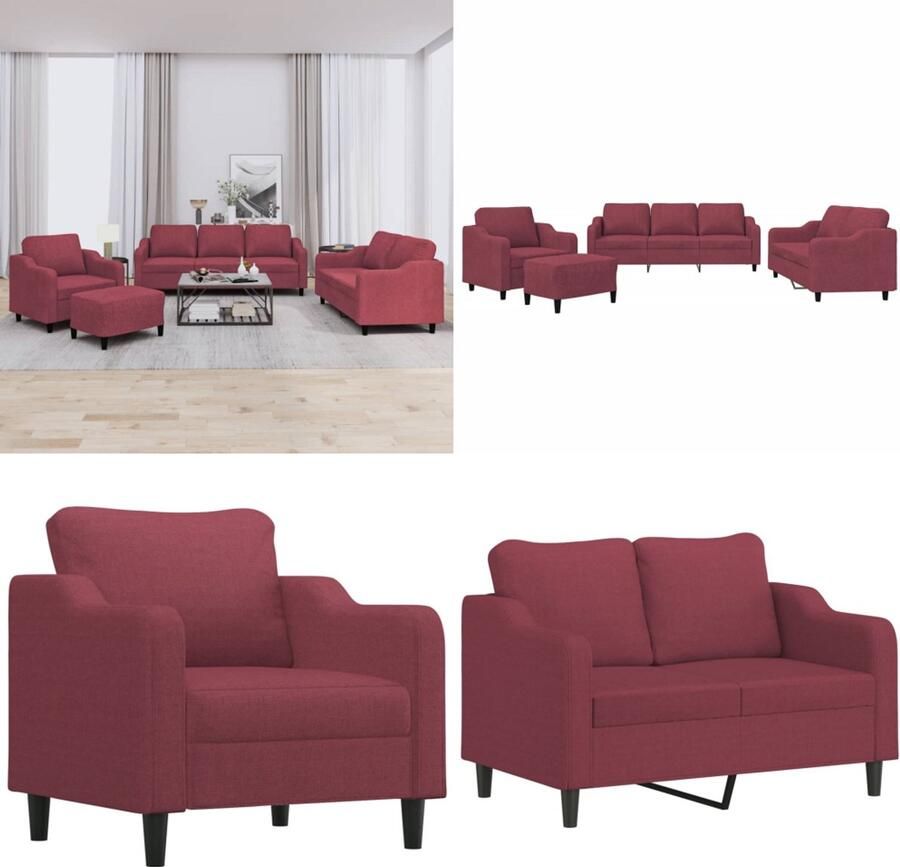 VidaXL 4-delige Loungeset met kussens stof wijnrood Bankstel Bankstellen Fauteuil 2-zitsbank