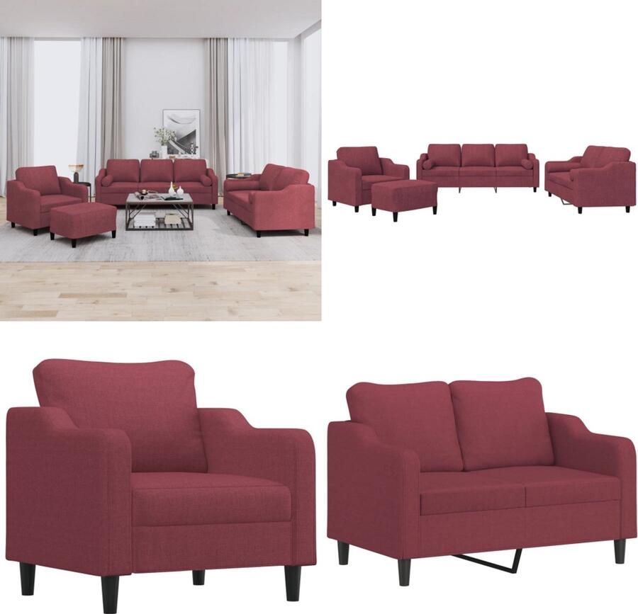 VidaXL 4-delige Loungeset met kussens stof wijnrood Bankstel Bankstellen Fauteuil 2-zitsbank