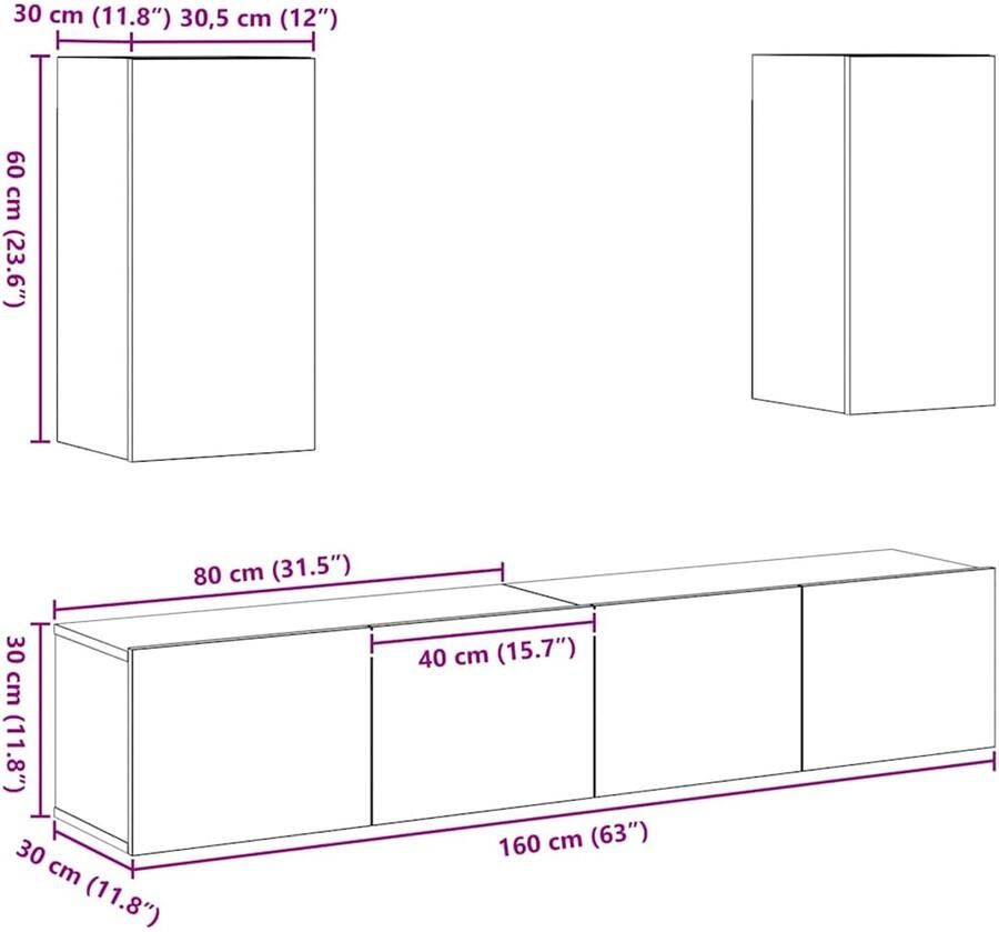 VidaXL Tv-meubelset 4 pcs Oud hout 80 x 30 x 30 cm Bewerkt hout