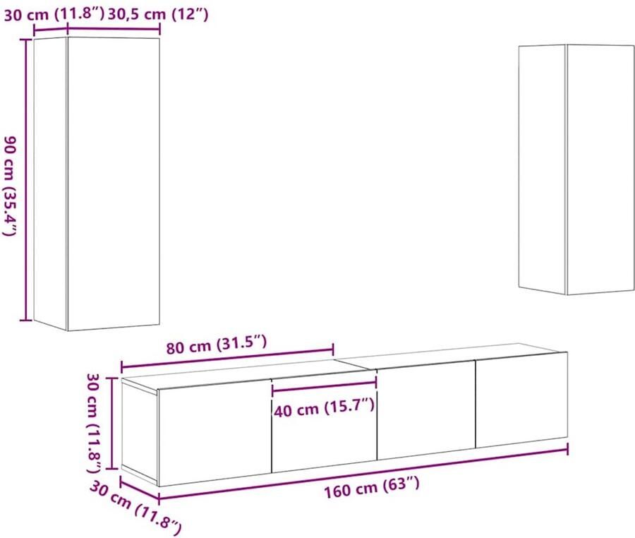 VidaXL 4-delige TV-kast set Wandgemonteerd artisan eiken gemelamineerd hout
