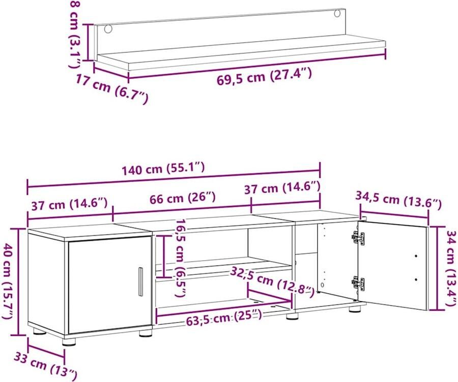 VidaXL 4-delige TV-kast set Wandgemonteerd 4 pcs Oud hout Bewerkt hout