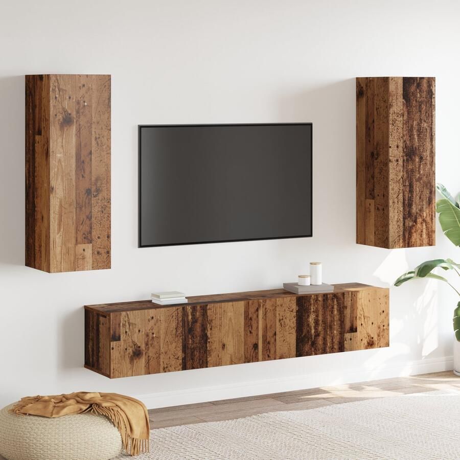 VidaXL 4-delige TV-kast set wandgemonteerd oud hout gefabriceerd hout