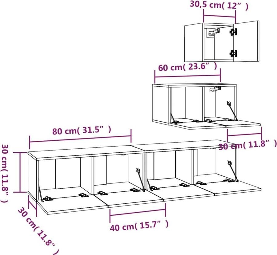 VidaXL -4-delige-Tv-meubelset-bewerkt-hout-hoogglans-wit