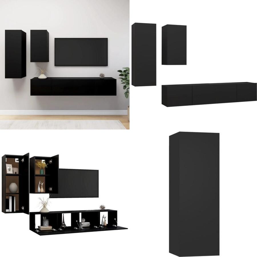 VidaXL 4-delige Tv-meubelset bewerkt hout zwart Tv-kastenset Tv-kastensets Tv-kasten Tv-meubelset