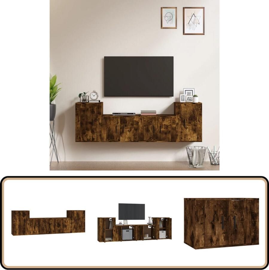 VidaXL 4-delige Tv-meubelset gerookt eikenhout Tv Meubel Houten Tv Kast Vintage Tv Stand Rustieke Tv Tafel Salontafel Opbergruimte Wandmontage