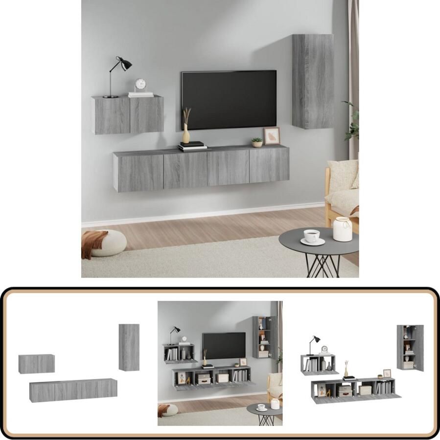 VidaXL 4-delige Tv-meubelset Grijs Sonoma Eiken Televisiescherm Salontafel Houten Meubilair Grijze Meubelen Mediastand Wandmontage Opbergruimte