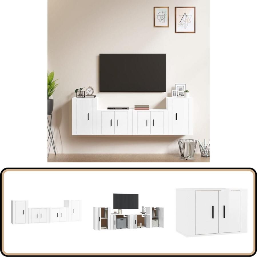 VidaXL 4-delige Tv-meubelset Hoogglans Wit Bewerkt Hout Televisiesectie Tv Meubel Kast Met Lade Tv Stand Woonkamer Meubels Houten Tv Tafel