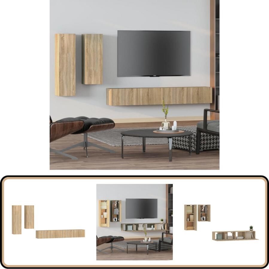 VidaXL 4-delige Tv-meubelset Sonoma Eiken TV Kast Salontafel Wandmontage Houten Tv Stand Sonoma Eiken Opbergruimte
