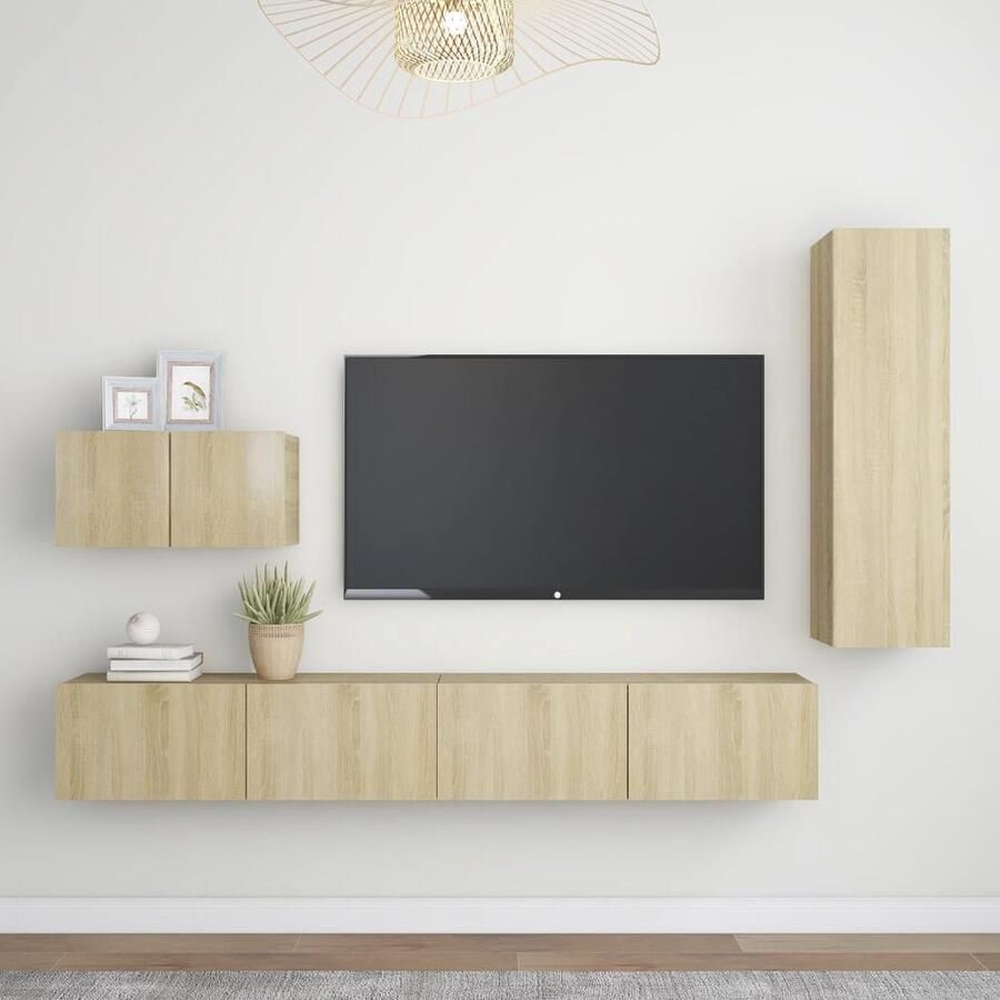 VidaXL 4-delige Tv-meubelset Sonoma Eikenhout Televisiescherm Tv-meubel Salontafel Wandmontage Houten Tv-stand Houtskelet Decoratief Item Bruine Tv-kast - Foto 2
