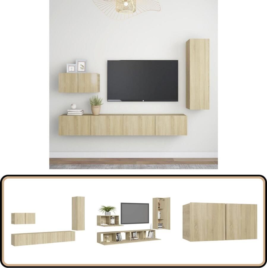 VidaXL 4-delige Tv-meubelset Sonoma Eikenhout Televisiescherm Tv-meubel Salontafel Wandmontage Houten Tv-stand Houtskelet Decoratief Item Bruine Tv-kast