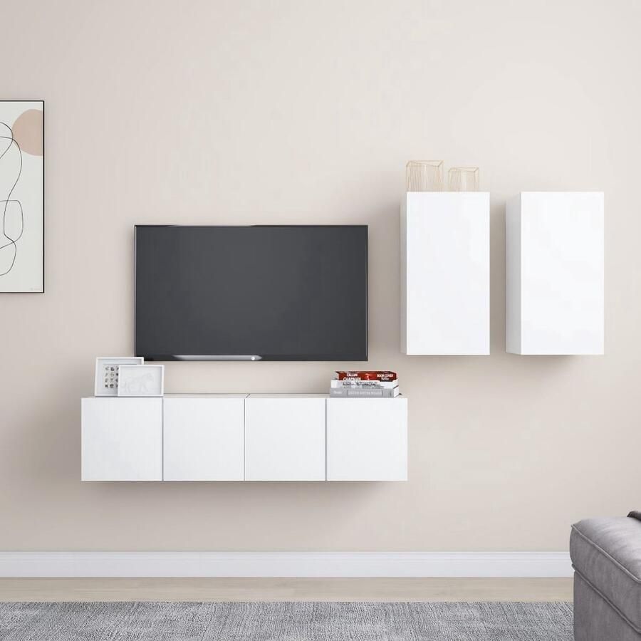 VidaXL 4-delige tv-meubelset wit bewerkt hout Tv-meubel Houten Tv-meubel Wandmontage Tv-meubel Tv-kast Salontafel