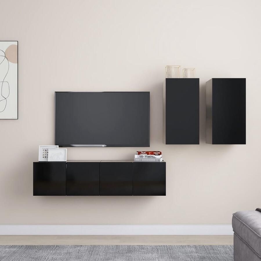 VidaXL 4-delige Tv-meubelset zwart bewerkt hout Tv Meubels Televisiescherm Kasten Salon Meubilair Houten Tv Stand Zwart Tv Meubel - Foto 2