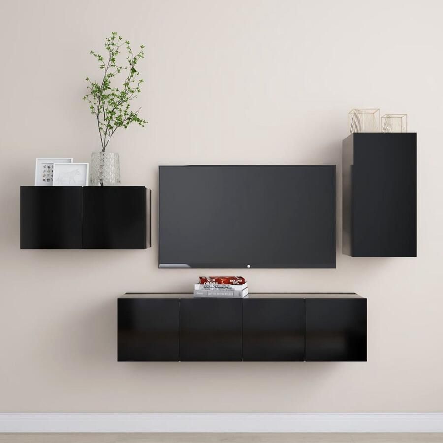 VidaXL 4-delige Tv-meubelset Zwart Bewerkt Hout Televisiescherm Tv Kasten Wandmontage Salontafel Livingroom Decor Houten Tv Stand Zwarte Tv Tafel - Foto 2