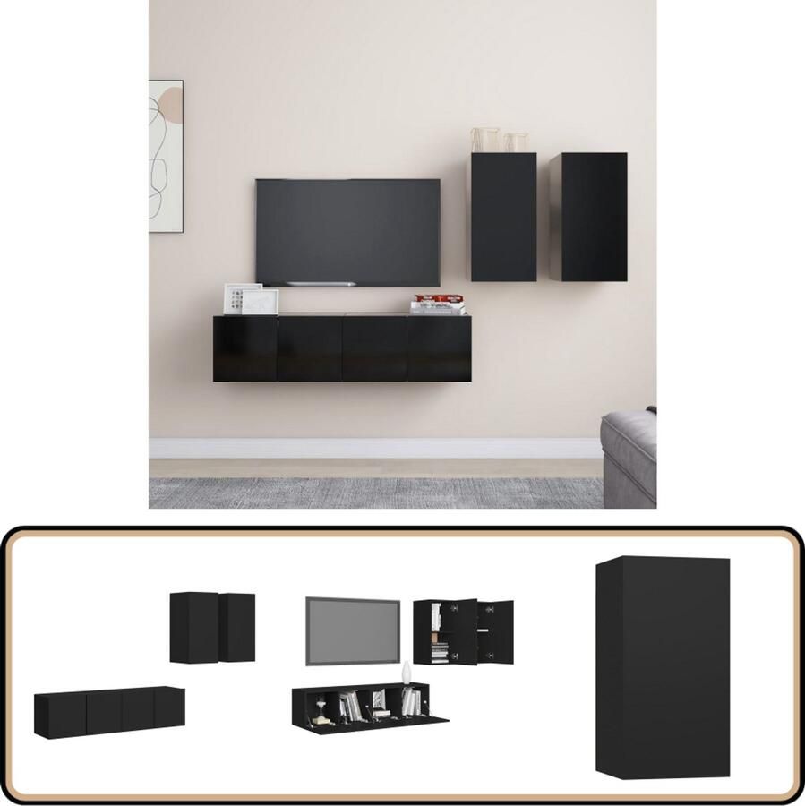 VidaXL 4-delige Tv-meubelset zwart bewerkt hout Tv Meubels Televisiescherm Kasten Salon Meubilair Houten Tv Stand Zwart Tv Meubel