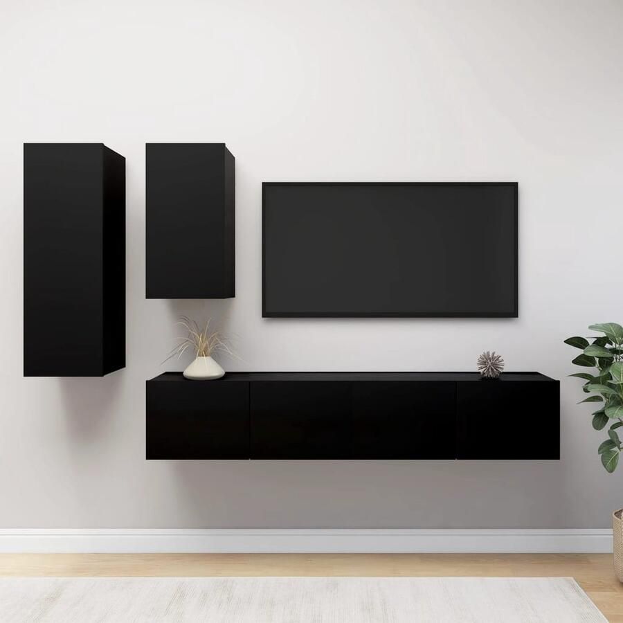 VidaXL 4-delige Tv-meubelset Zwart Bewerkte Hout Tv Kasten Tv Meubelset Wandmontage Tv Houten Tv Kast Black Tv Furniture Living Room Storage - Foto 2