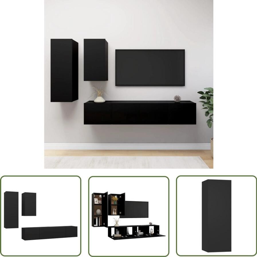 VidaXL 4-delige Tv-meubelset Zwart Bewerkte Hout Tv Kasten Tv Meubelset Wandmontage Tv Houten Tv Kast Black Tv Furniture Living Room Storage