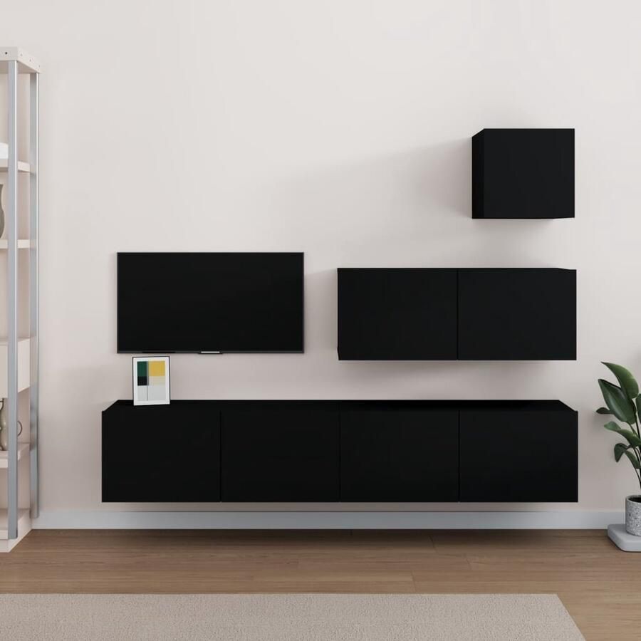 VidaXL 4-delige tv-meubelset zwart hout TV-meubel Tv Kast Salon Meubilair Houten Tv Stand Wandmontage Tv Unit - Foto 2