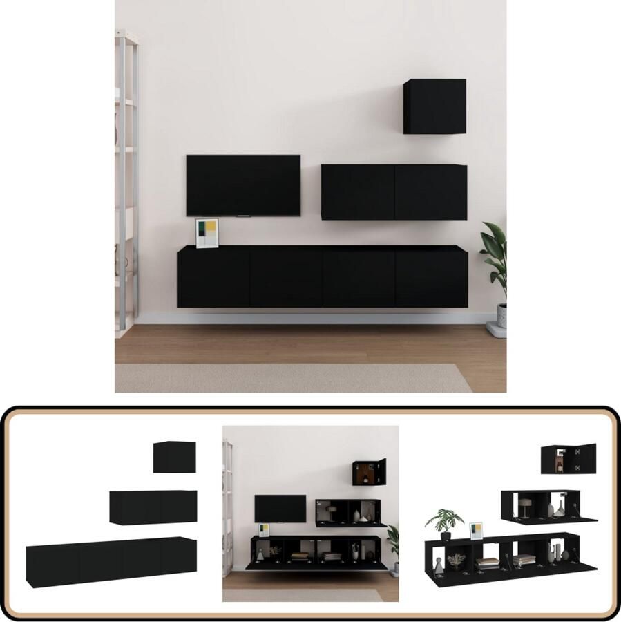 VidaXL 4-delige tv-meubelset zwart hout TV-meubel Tv Kast Salon Meubilair Houten Tv Stand Wandmontage Tv Unit