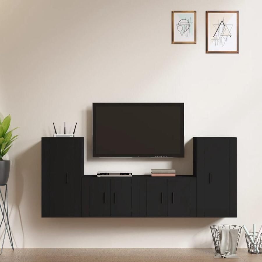 VidaXL 4-delige Tv-meubelset zwart modern design Klassieke Televisiesecretaris Tv Kast Salontafel Houten Tv Stand Media Kast Opbergkasten Wandmontage
