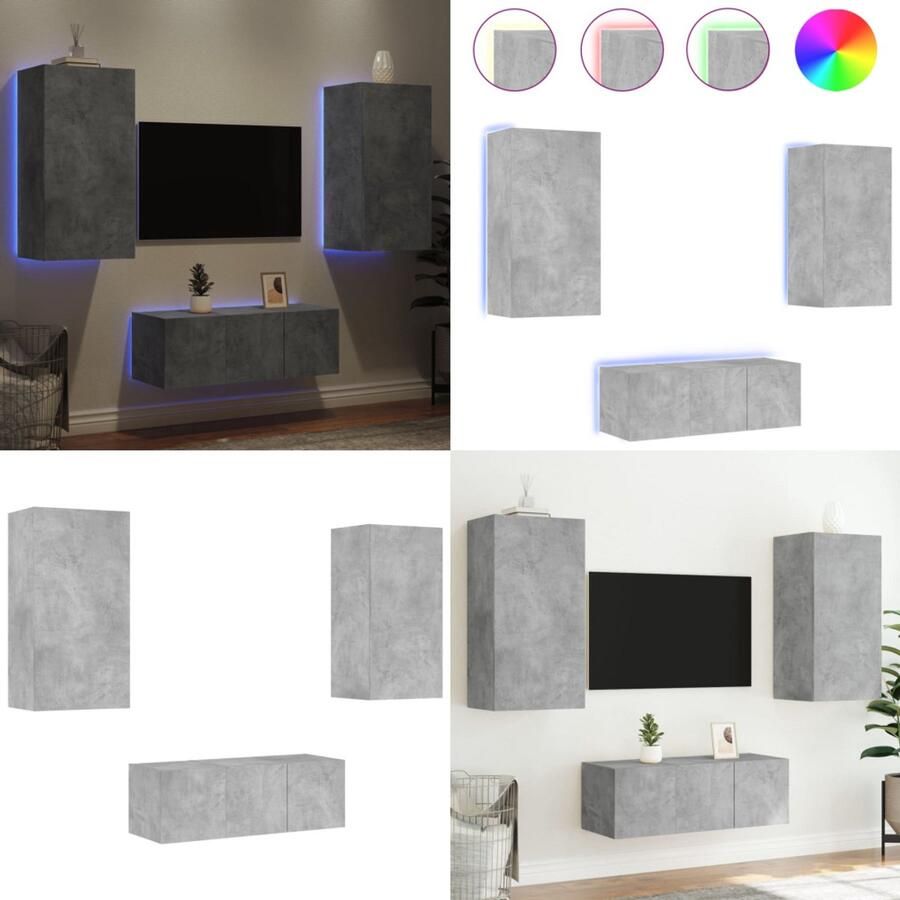 VidaXL 4-delige Tv-wandmeubelset met LED bewerkt hout betongrijs Tv-wandmeubel Tv-wandmeubels Tv-meubel Televisiemeubel