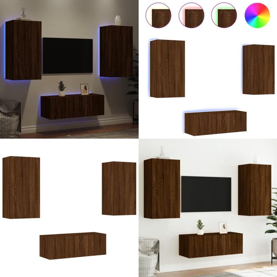 VidaXL 4-delige Tv-wandmeubelset met LED bewerkt hout bruineikenkleur Tv-wandmeubel Tv-wandmeubels Tv-meubel Televisiemeubel