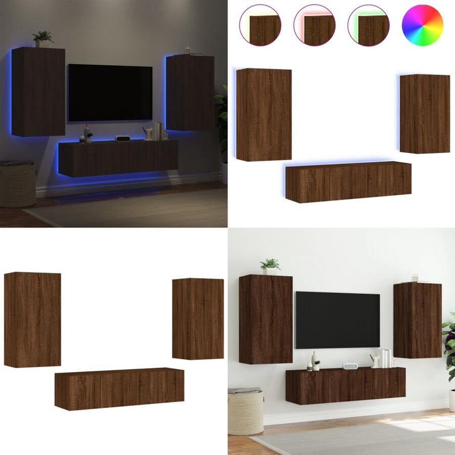 VidaXL 4-delige Tv-wandmeubelset met LED bewerkt hout bruineikenkleur Tv-wandmeubel Tv-wandmeubels Tv-meubel Televisiemeubel - Foto 2
