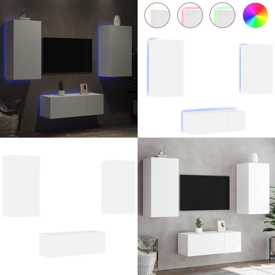 VidaXL 4-delige Tv-wandmeubelset met LED-verlichting bewerkt hout wit Tv-wandmeubel Tv-wandmeubels Tv-meubel Televisiemeubel