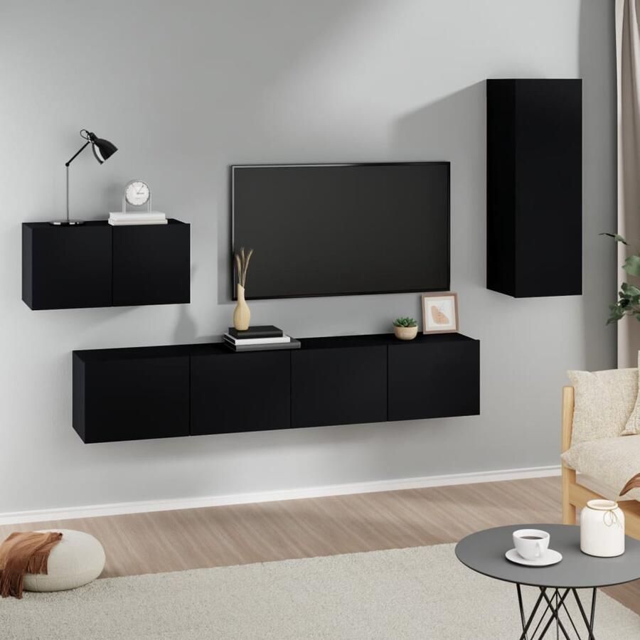 VidaXL 4-delige zwarte Tv-meubelset hout Tv Kasten Houten Tv Kast Zwarte Tv Kast Wandmontage Tv Kast Mediastand Opbergruimte Tv