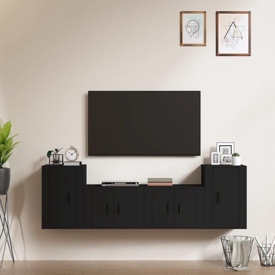 VidaXL 4-delige zwarte tv-meubelset hout Tv Meubel Tv Kast Salontafel Houten Tv Stand Black Furniture Modern Living Room Wall Mounted Tv Unit Media Storage