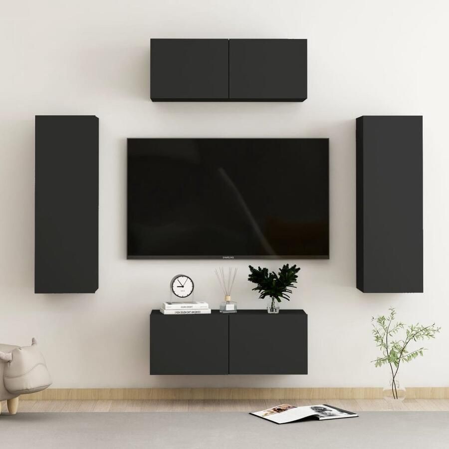 VidaXL 4-delige zwarte tv-meubelset van bewerkt hout Tv Meubel Tv Stand Salontafel Woonkamerdecoratie Houten Tv Meubel Zwarte Tv Kast Media Kast Videokaartje