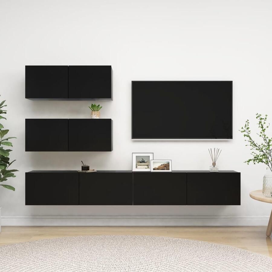 VidaXL 4-delige zwarte tv-meubelset van hout Tv-meubelset Televisiekast Wandmontage Zwart Houten Tv-meubel Bergruimte Livingroomdecor - Foto 2