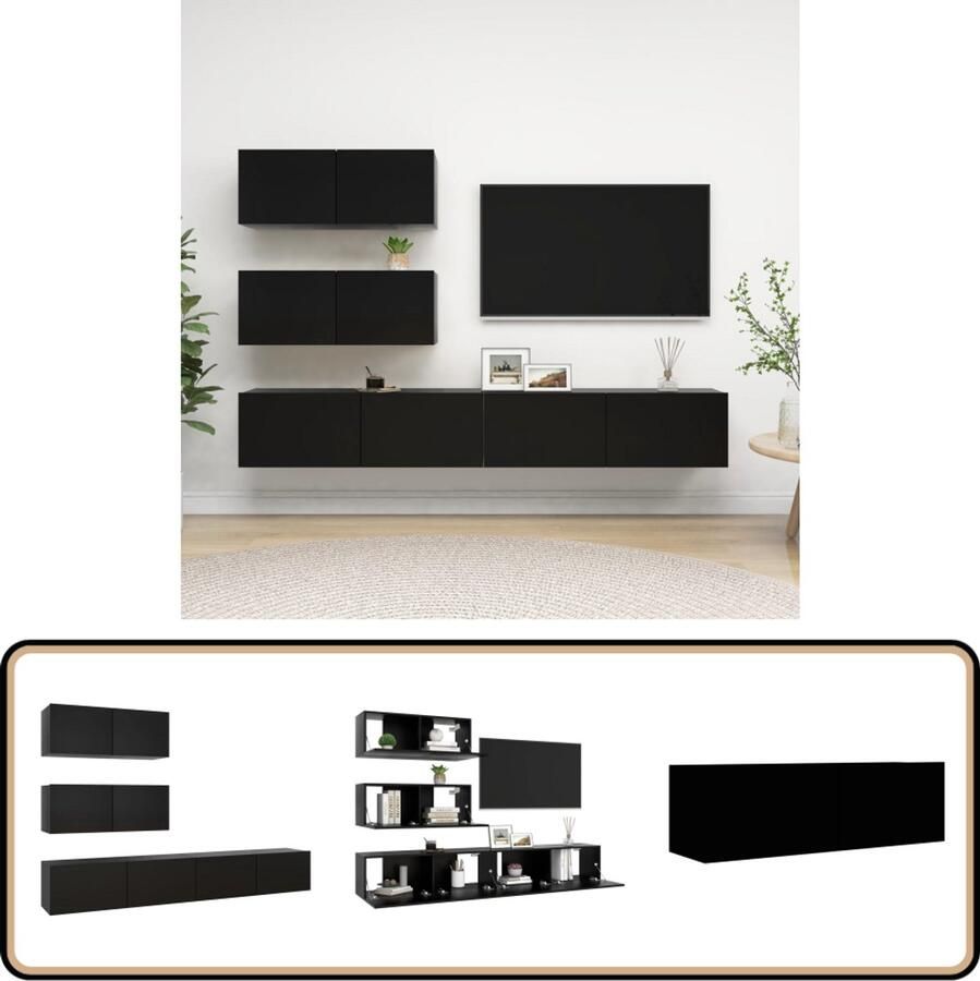 VidaXL 4-delige zwarte tv-meubelset van hout Tv-meubelset Televisiekast Wandmontage Zwart Houten Tv-meubel Bergruimte Livingroomdecor
