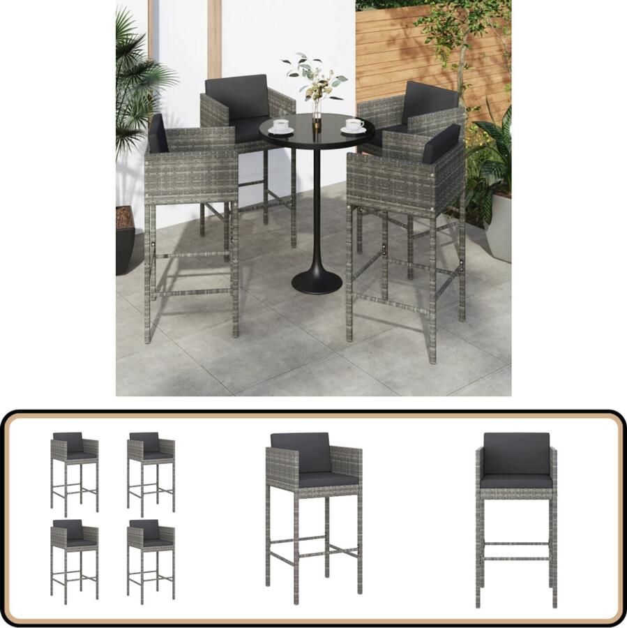 VidaXL 4 Grijze Barkrukken met Kussens Poly Rattan Barkrukken Eetkamerstoelen Outdoor Meubilair Tuinset Terrasmeubels Lounge Stoel Kunststof Stoel Ratan Stoel Beige Stoel