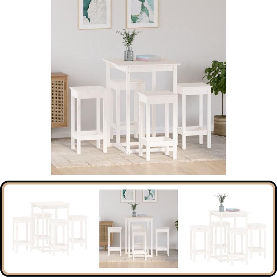 VidaXL 5-delige Barset Grenenhout Wit Bartafel Grenenhouten Bartafel Barset Barstoelen Eettafel Bistrotafel Kookeiland